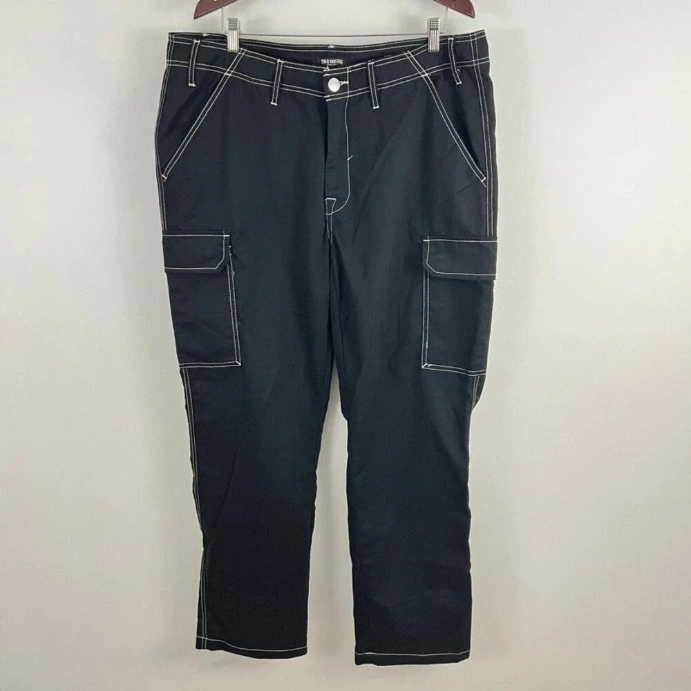 True Religion Cargo Pants Mens 36‎ Jet Black White Contrast Stitch 108335